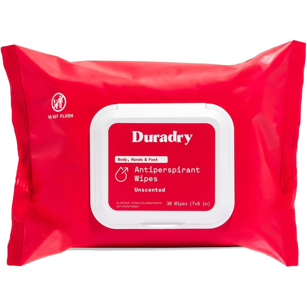 Duradry whole body antiperspirant wipes pouch front view packaging