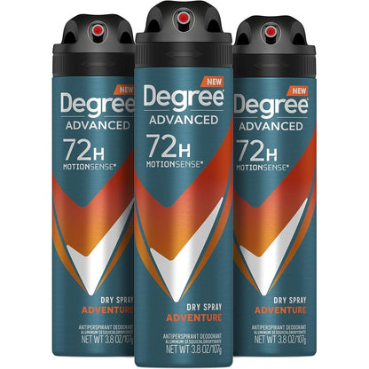 Degree Men Adventure Antiperspirant Deodorant Dry Spray pack of three front view showing seventy two hour protection label