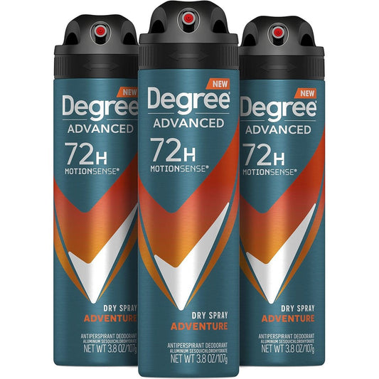 Degree Men Adventure Antiperspirant Deodorant Dry Spray pack of three front view showing seventy two hour protection label