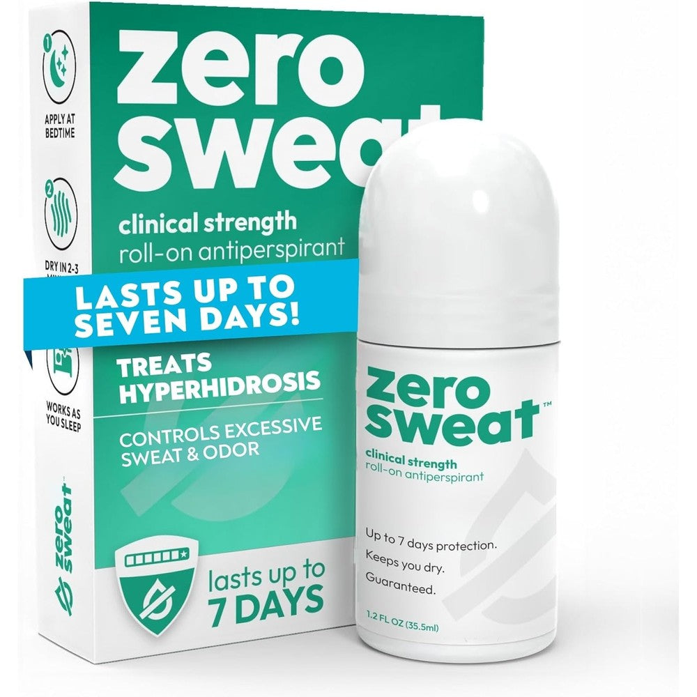 ZeroSweat clinical strength antiperspirant front view bottle and box packaging