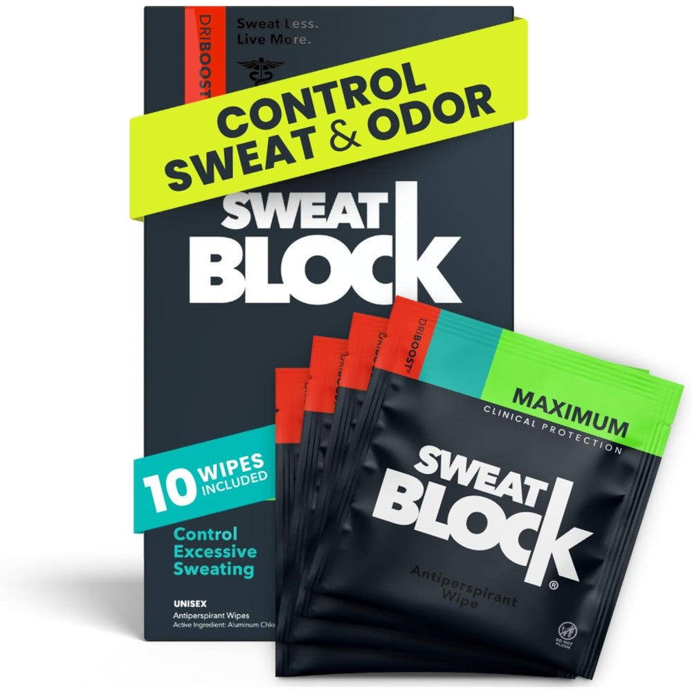 SweatBlock clinical strength antiperspirant wipes front view box packaging
