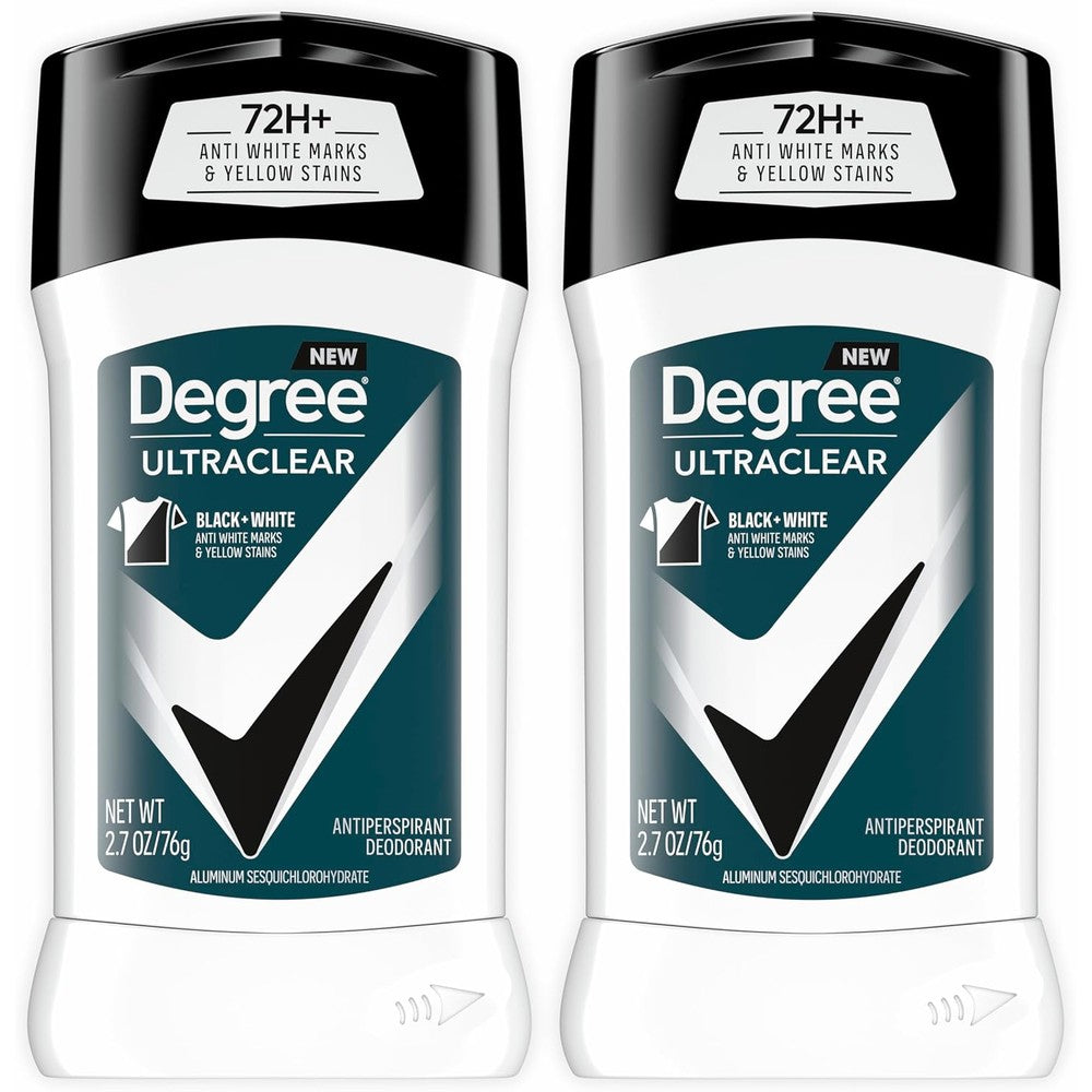 Degree Men UltraClear Black and White Antiperspirant Deodorant twin pack front view for stain protection