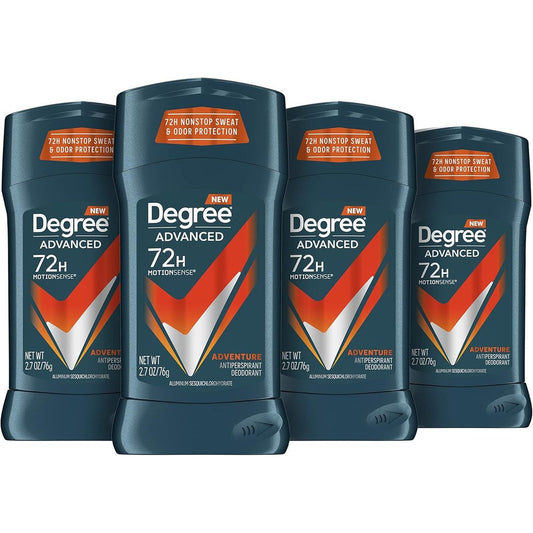 Degree Men Adventure Antiperspirant Deodorant Stick four pack front view showing packaging details.