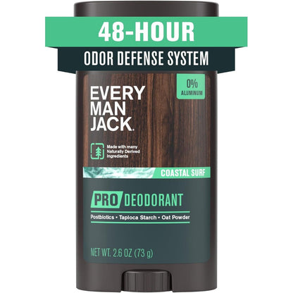 Every Man Jack Pro Deodorant Coastal Surf front view showcasing the aluminum free stick packaging.