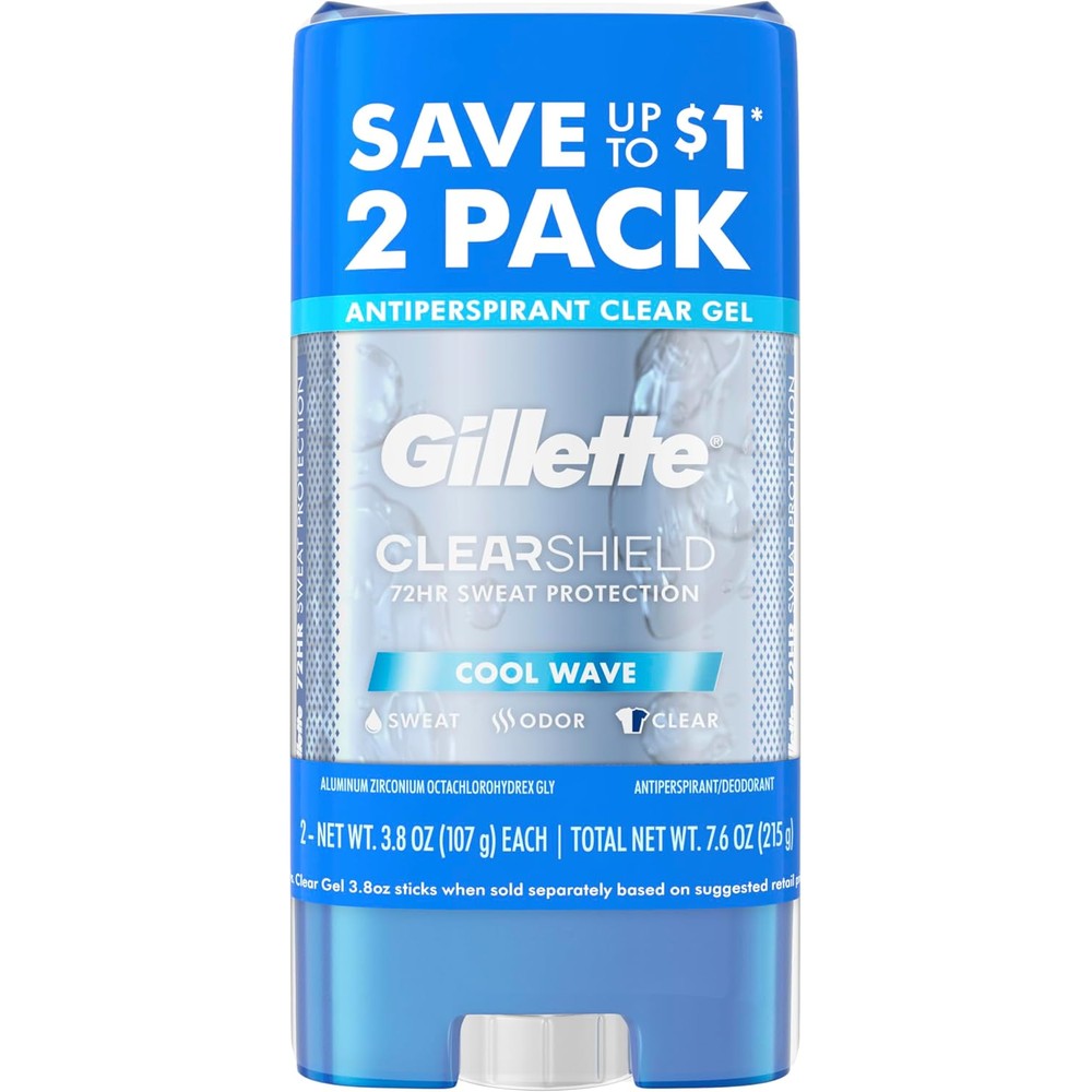 Gillette Cool Wave Clear Gel Antiperspirant and Deodorant twin pack front view showcasing international packaging.