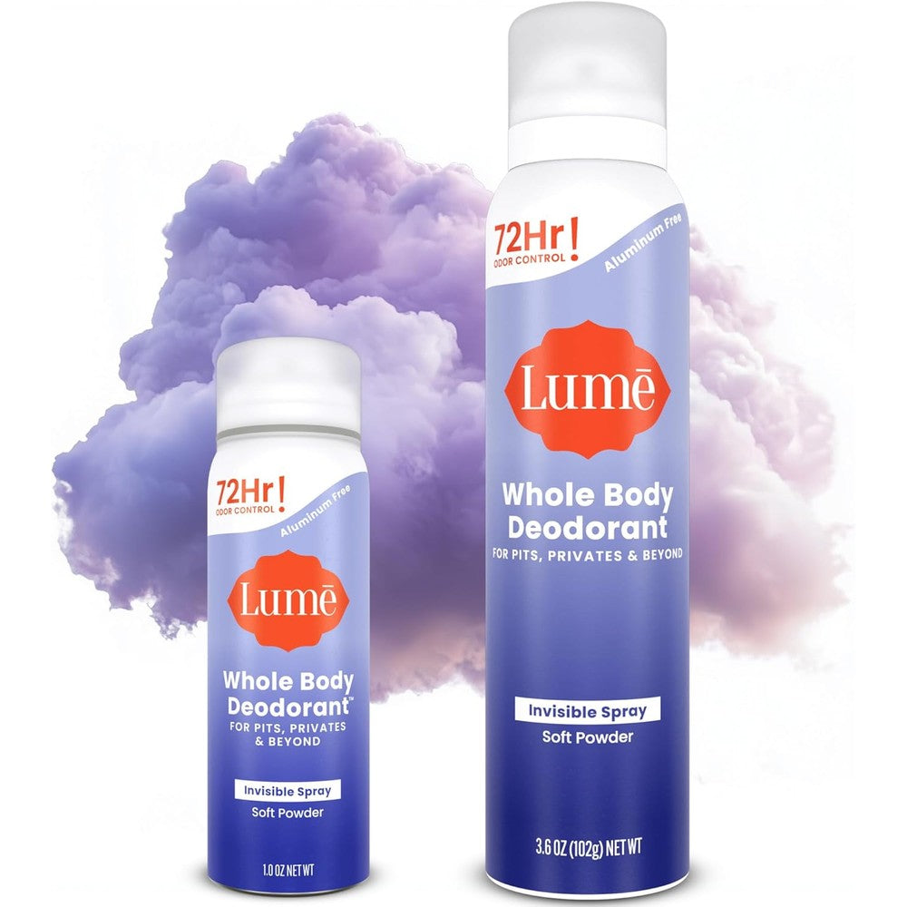 Lume invisible spray deodorant front view of full size and mini cans