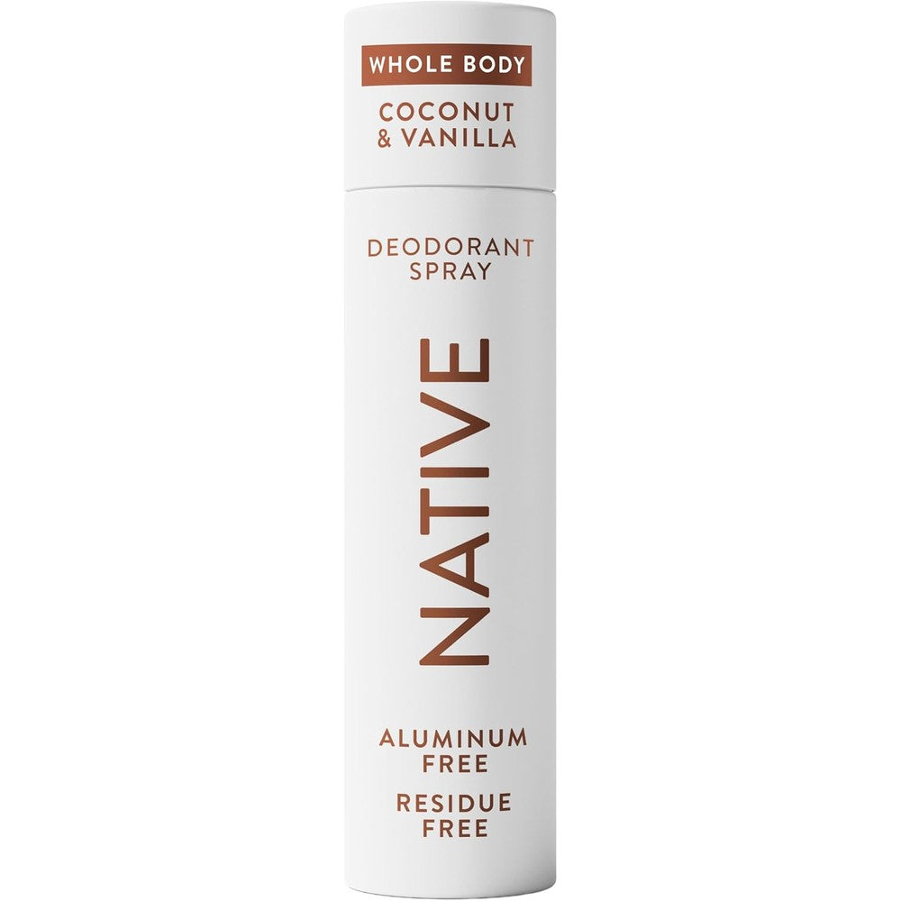 Native whole body deodorant spray coconut and vanilla front view authentic bottle