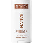 Native whole body deodorant stick coconut vanilla front view