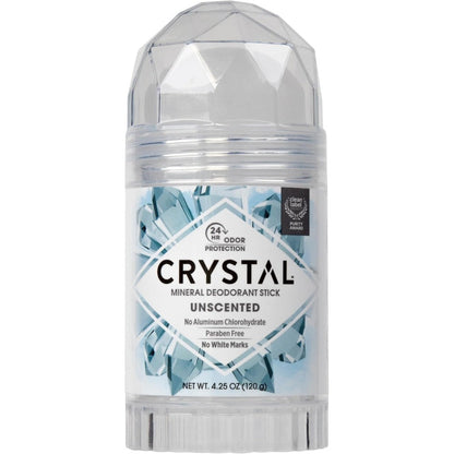 Crystal Essence mineral salt deodorant stick front view showing unscented packaging