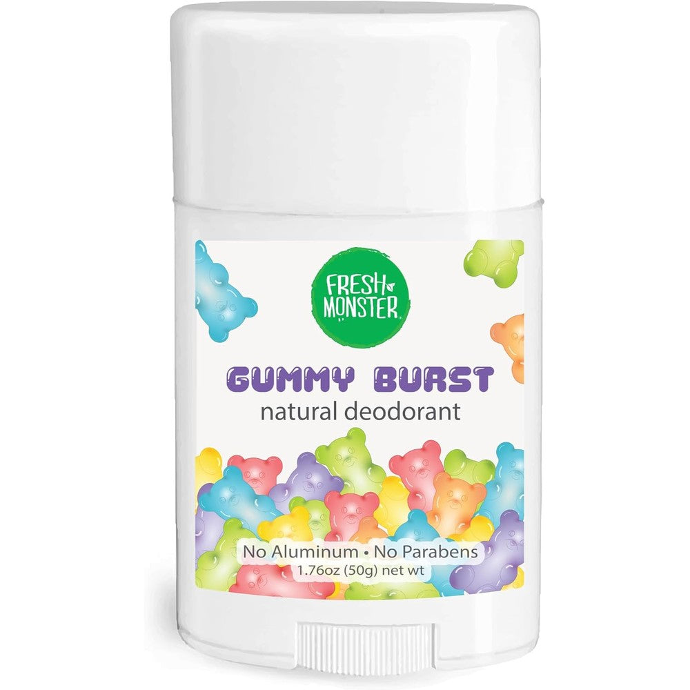 Fresh Monster natural deodorant front view in a white twist-up container with gummy bear graphics