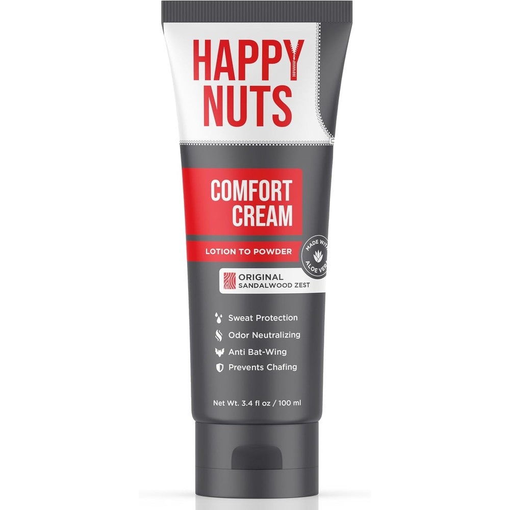 HAPPY NUTS Comfort Cream Deodorant front view showing the 3.4 fluid ounce bottle packaging.