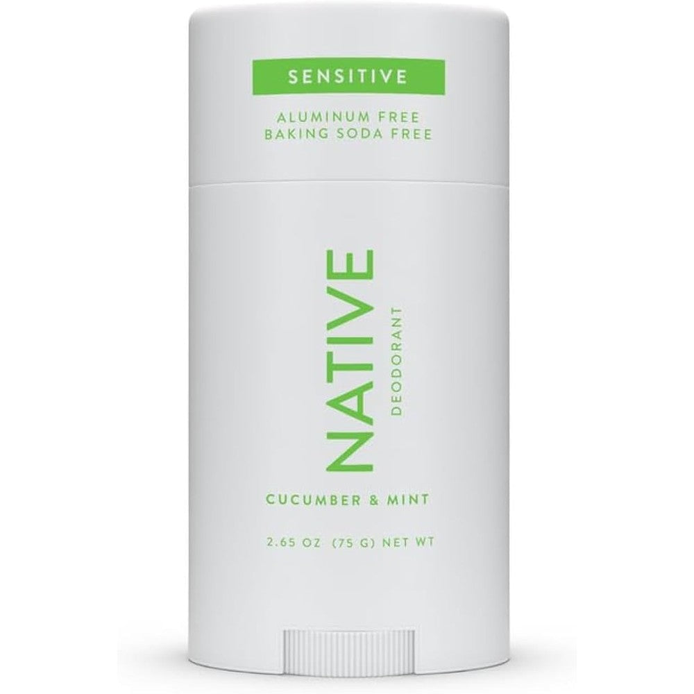 Native Sensitive Deodorant Cucumber and Mint stick front view showcasing clean ingredient labels.