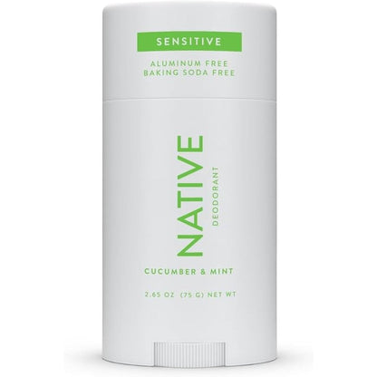 Native Sensitive Deodorant Cucumber and Mint stick front view showcasing clean ingredient labels.