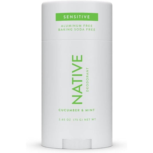 Native Sensitive Deodorant Cucumber and Mint stick front view showcasing clean ingredient labels.