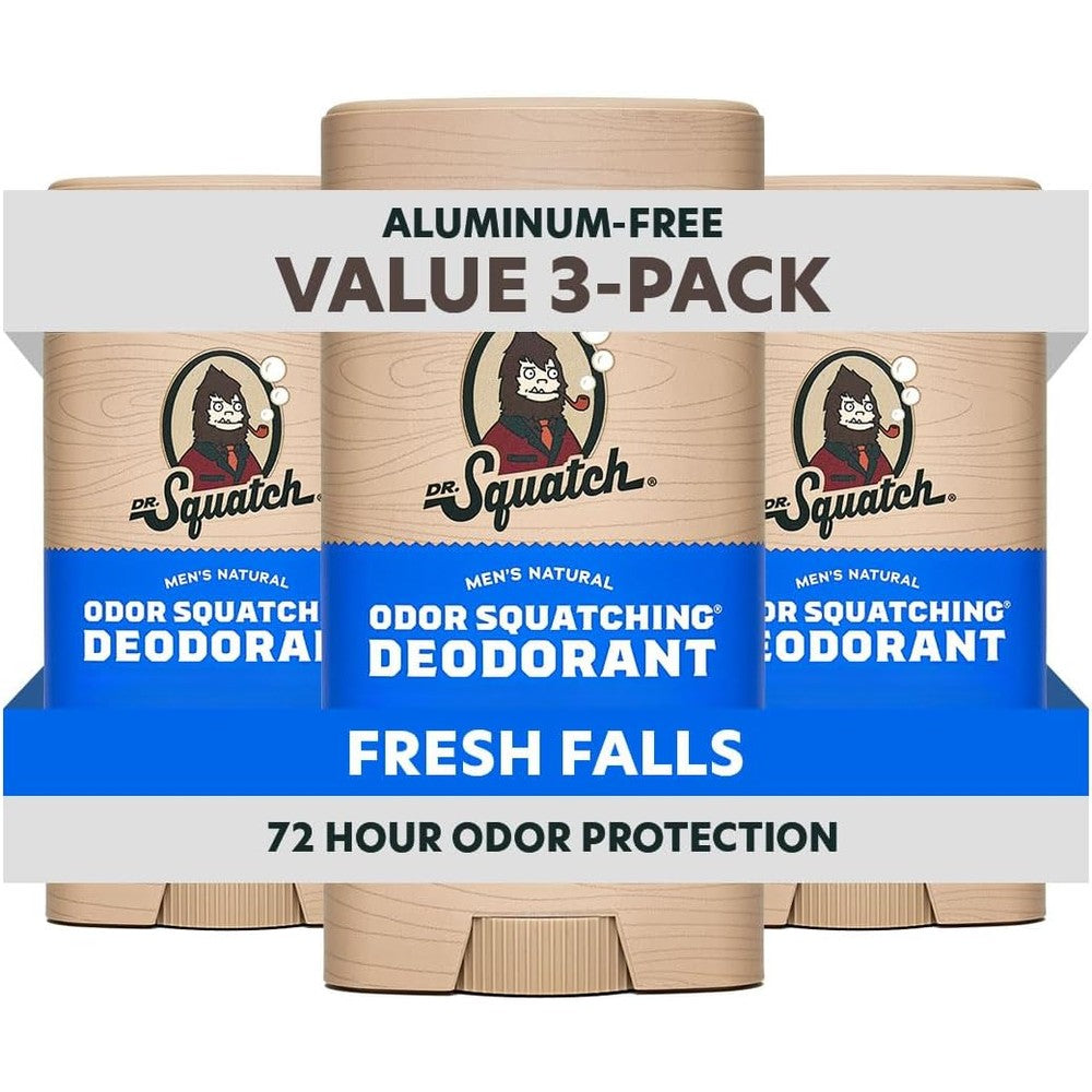 Dr. Squatch Natural Men’s Deodorant Fresh Falls three pack front view showcasing the aluminum free formula.