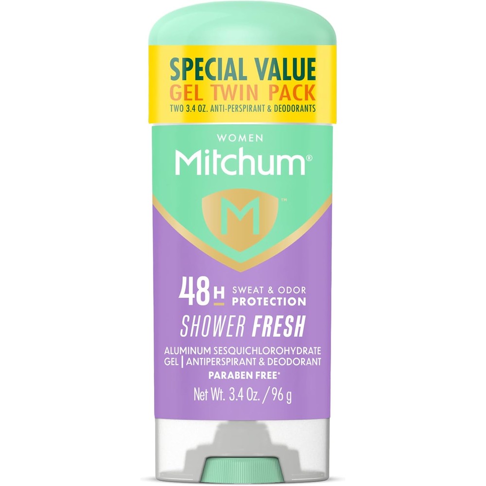 Mitchum Women Antiperspirant Deodorant Gel Stick twin pack front view showing shower fresh scent labels