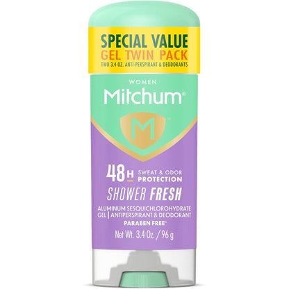 Mitchum Women Antiperspirant Deodorant Gel Stick twin pack front view showing shower fresh scent labels