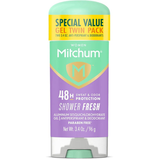 Mitchum Women Antiperspirant Deodorant Gel Stick twin pack front view showing shower fresh scent labels