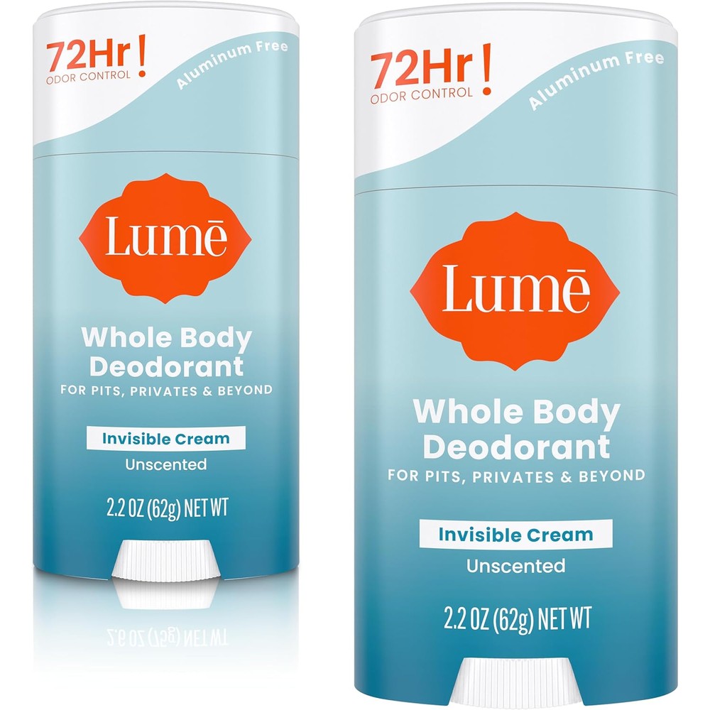 Lume Whole Body Deodorant Invisible Cream Stick front view showing unscented packaging