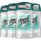 Speed Stick Men's Deodorant Regular 4 Pack front view showing white container with teal branding.