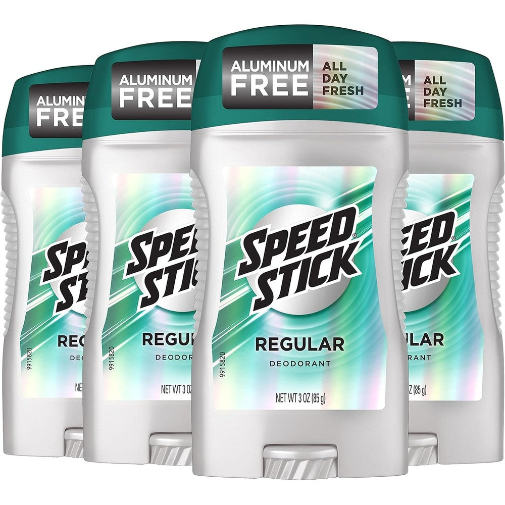 Speed Stick Men's Deodorant Regular 4 Pack front view showing white container with teal branding.
