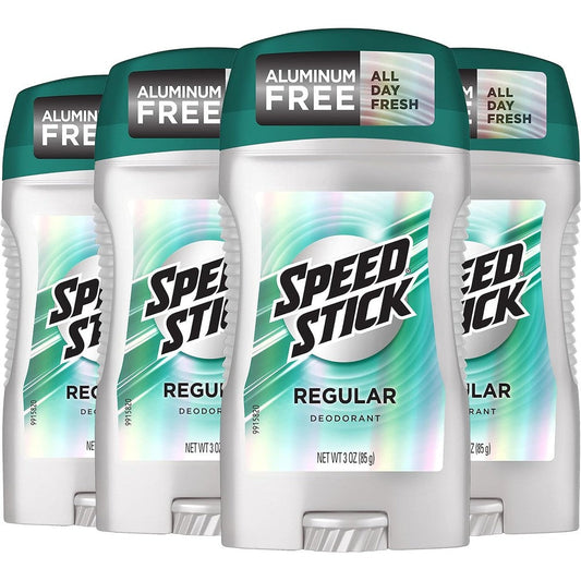Speed Stick Men's Deodorant Regular 4 Pack front view showing white container with teal branding.
