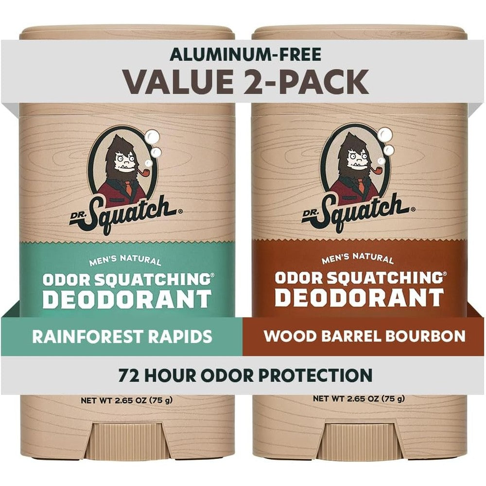 Dr. Squatch Natural Men’s Deodorant 2 pack front view showcasing Rainforest Rapids and Wood Barrel Bourbon sticks.