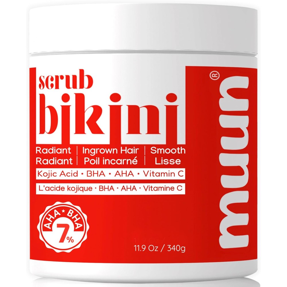 Muun Bikini Area Exfoliator three hundred forty grams tub front view showcasing key ingredients