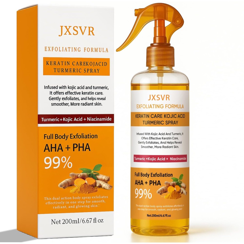 JXSVR body keratin care kojic acid turmeric spray front view bottle packaging