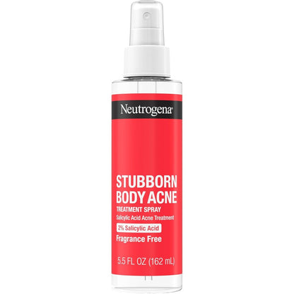 Neutrogena Stubborn Body Acne Spray front view showing the product packaging and two percent salicylic acid benefit.