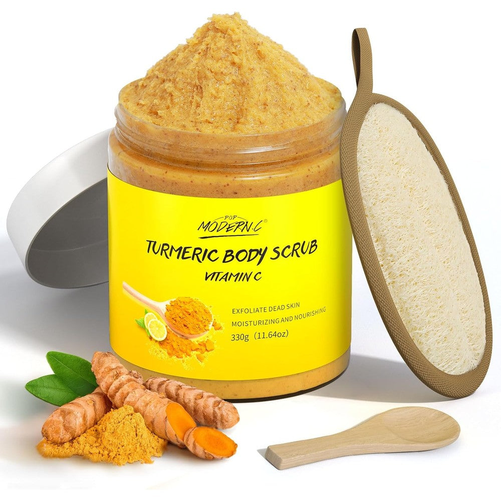 POP MODERN.C Turmeric and Vitamin C Body Scrub front view container with loofah