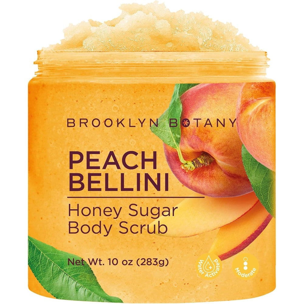 Brooklyn Botany Peach Bellini Honey Sugar Body Scrub front view of the ten ounce jar.