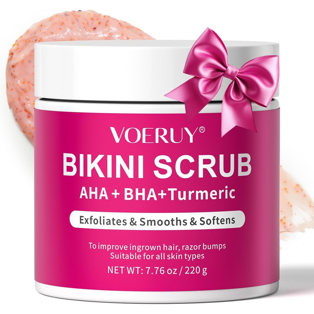 VOERUY bikini area exfoliator front view jar with bright pink label and pink bow