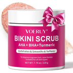 VOERUY bikini area exfoliator front view jar with bright pink label and pink bow