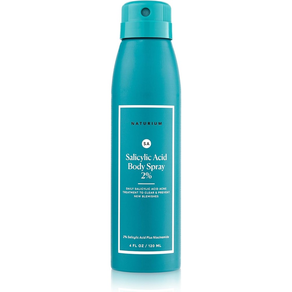 Naturium Salicylic Acid Body Spray Two Percent front view of the clear four ounce mist bottle showcasing product labeling
