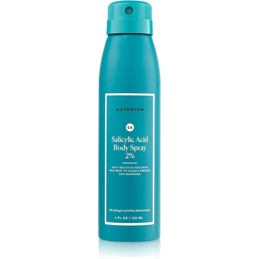 Naturium Salicylic Acid Body Spray Two Percent front view of the clear four ounce mist bottle showcasing product labeling