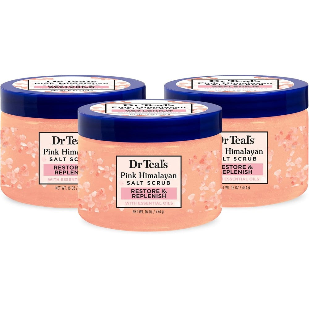 Dr Teal's Pink Himalayan Salt Body Scrub 3-pack front packaging view showing authentic imported exfoliating skincare product