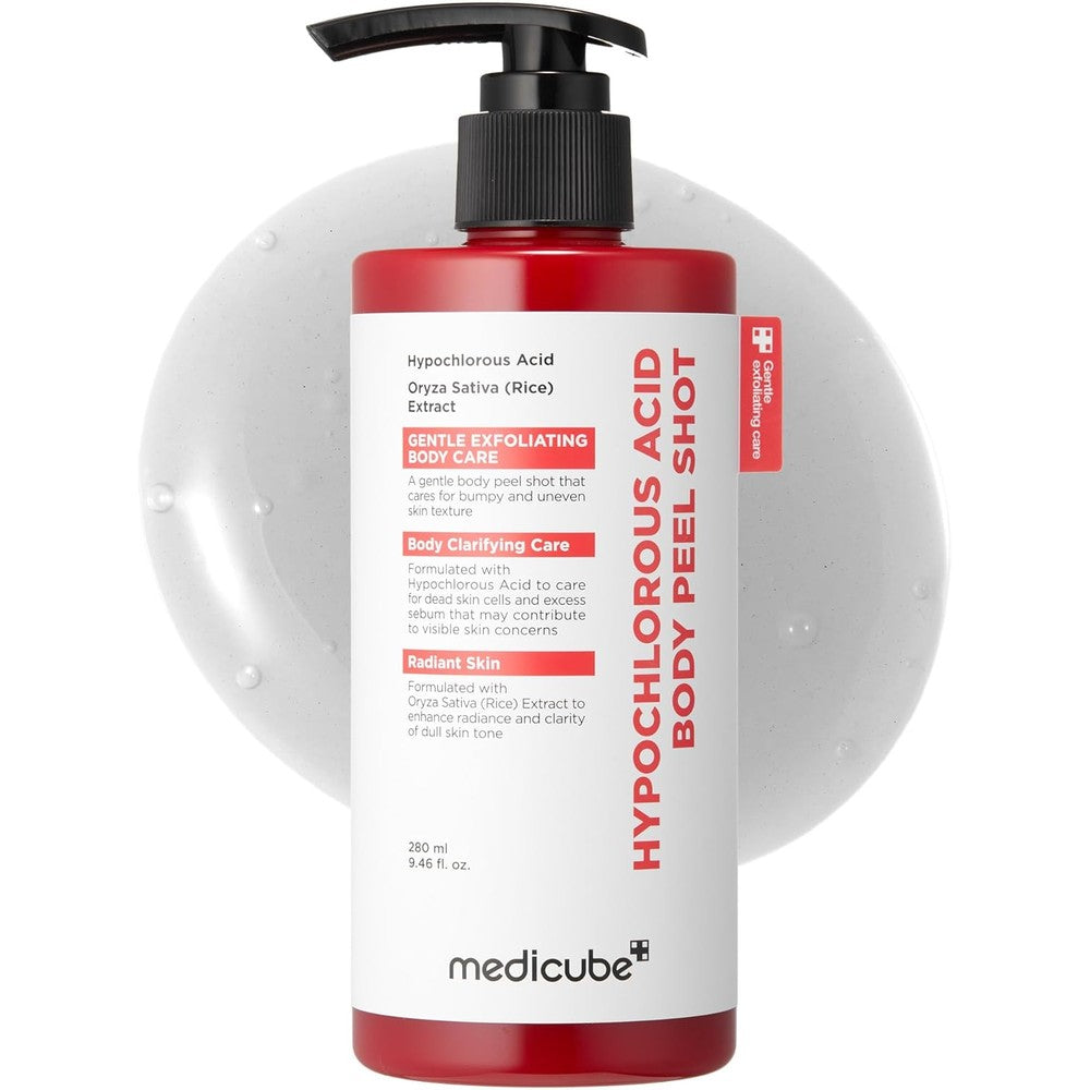 Medicube Body Peel Shot with Hypochlorous Acid front view bottle packaging for body exfoliation.