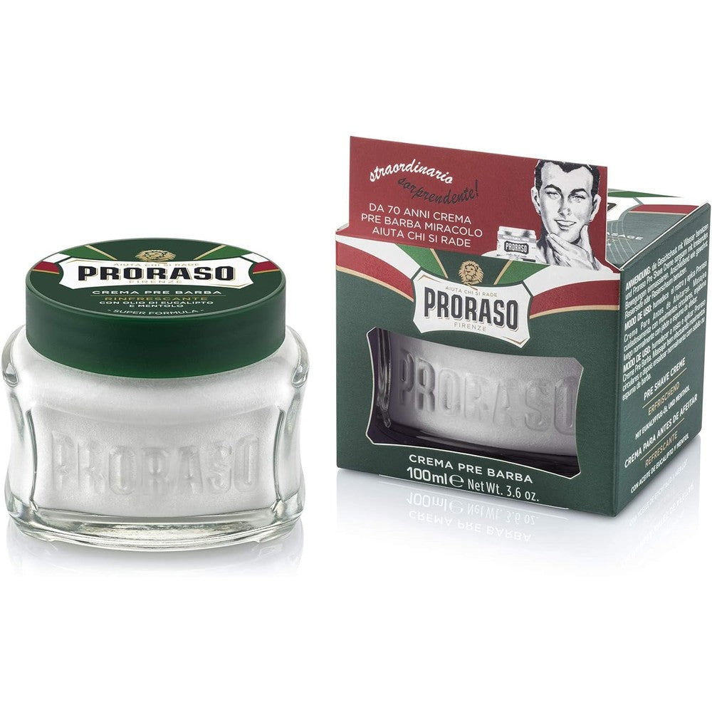 Proraso Pre Shave Conditioning Cream front view of green jar for mens grooming
