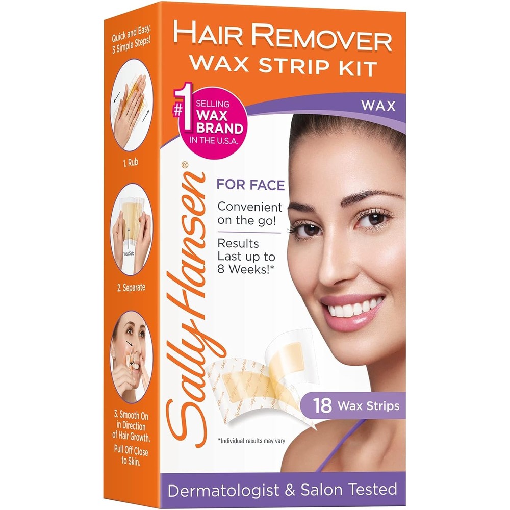 Sally Hansen Face Hair Removal Wax Strips Kit 18 Count front view package showing facial wax strips