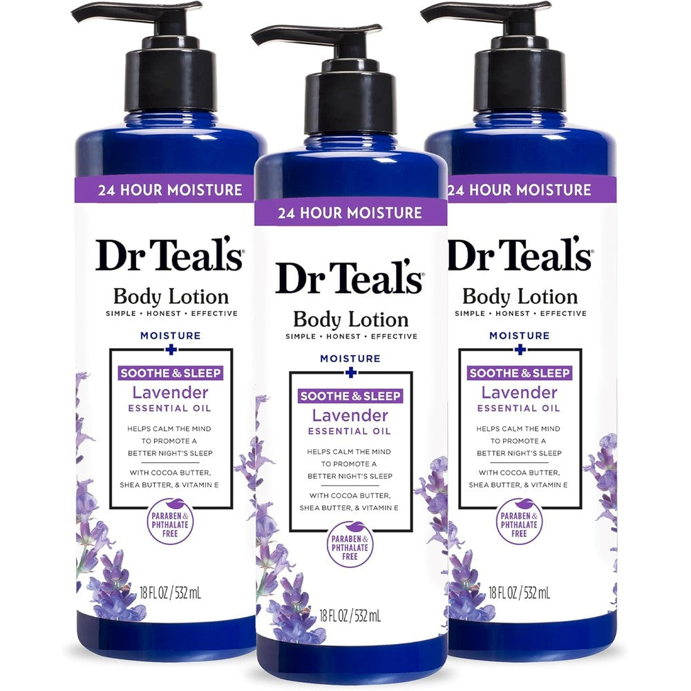 Dr Teal's 24 Hour Moisture Plus Body Lotion Lavender Pack of 3 front view showing pump bottle packaging