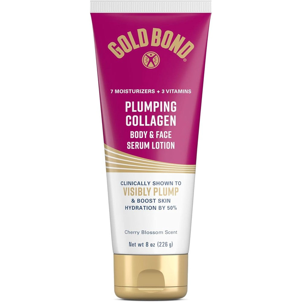 Gold Bond Plumping Collagen Body and Face Serum Lotion front view of the 8 ounce tube packaging.