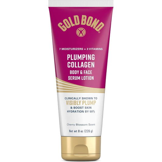 Gold Bond Plumping Collagen Body and Face Serum Lotion front view of the 8 ounce tube packaging.