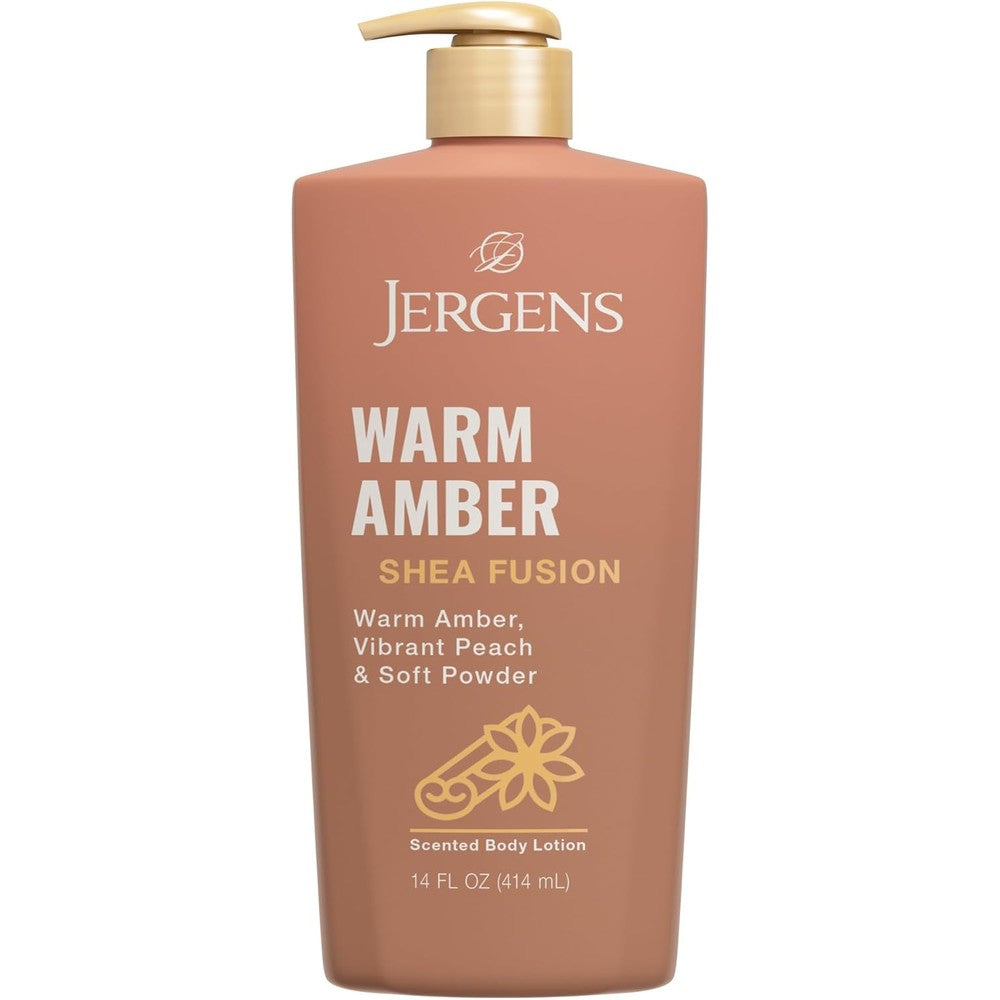 Jergens Shea Fusion Warm Amber Scented Body Lotion fourteen fluid ounce front view showcasing imported packaging.
