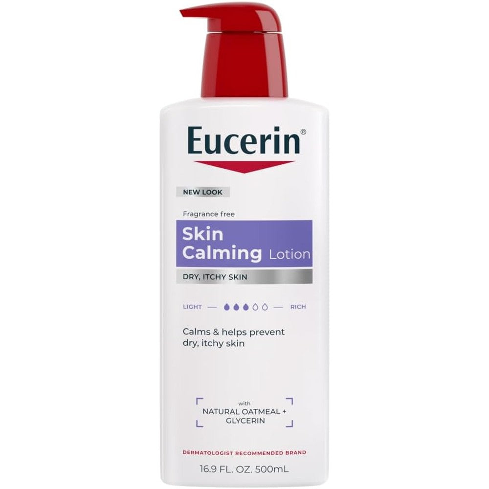 Eucerin Skin Calming Body Lotion front view showing the sixteen point nine fluid ounce bottle design.