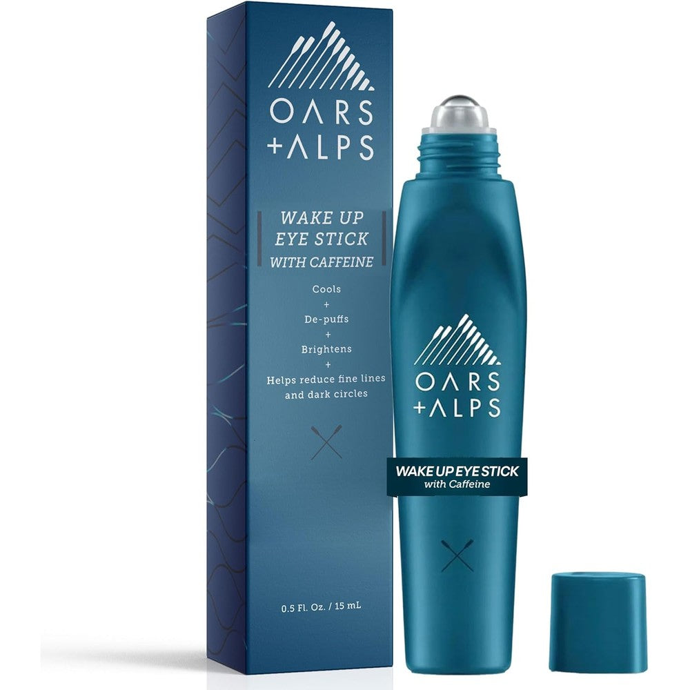 Oars + Alps Wake Up Under Eye Roller front view showing blue packaging for dark circles cream.