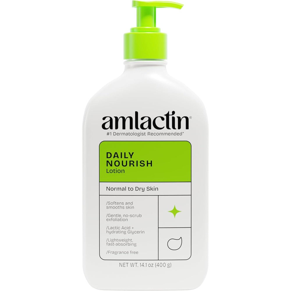 AmLactin Daily Nourish Therapeutic Body Lotion 14.1 Ounce front view bottle with pump for dry skin