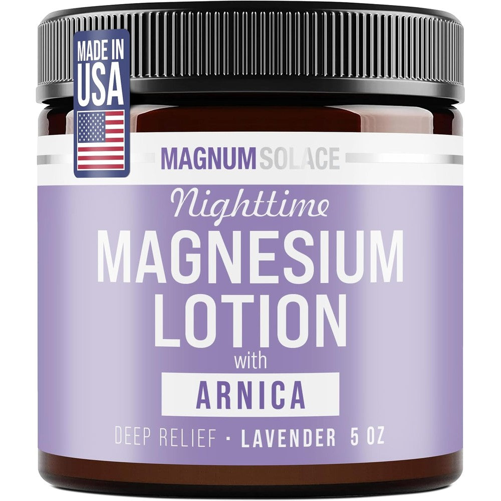 Magnum Solace Nighttime Magnesium Lotion with Arnica five fluid ounce jar front view