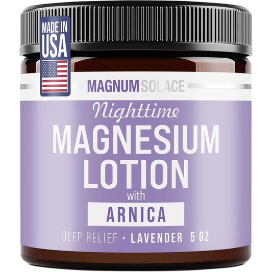 Magnum Solace Nighttime Magnesium Lotion with Arnica five fluid ounce jar front view