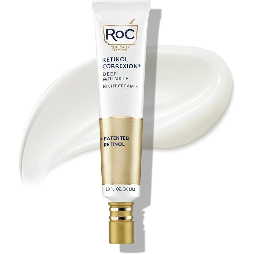 RoC Retinol Correxion Deep Wrinkle Night Cream front view of the gold and white packaging tube for anti-aging skincare